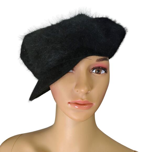 1990s Black Page Boy Cap Liz Claiborne Vintage Wool Rabbit Fur Blend Hat Small - Picture 2 of 6